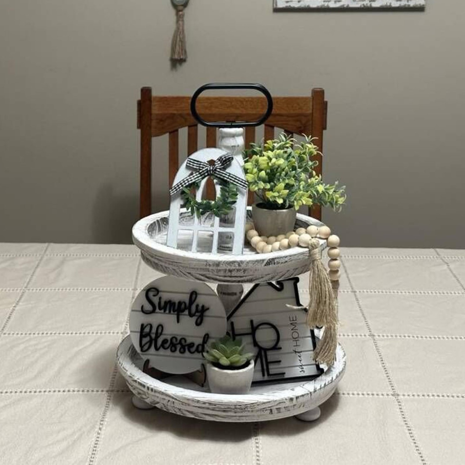 Rustic Farmhouse Tiered Tray Set with Succulent & Plant – Home Decor for Kitc…