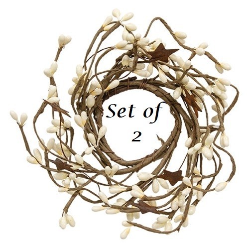 NEW PRIMITIVE Farmhouse Berry Wreath Candle Rings 2pc Rust Stars 2″ IVORY Pips