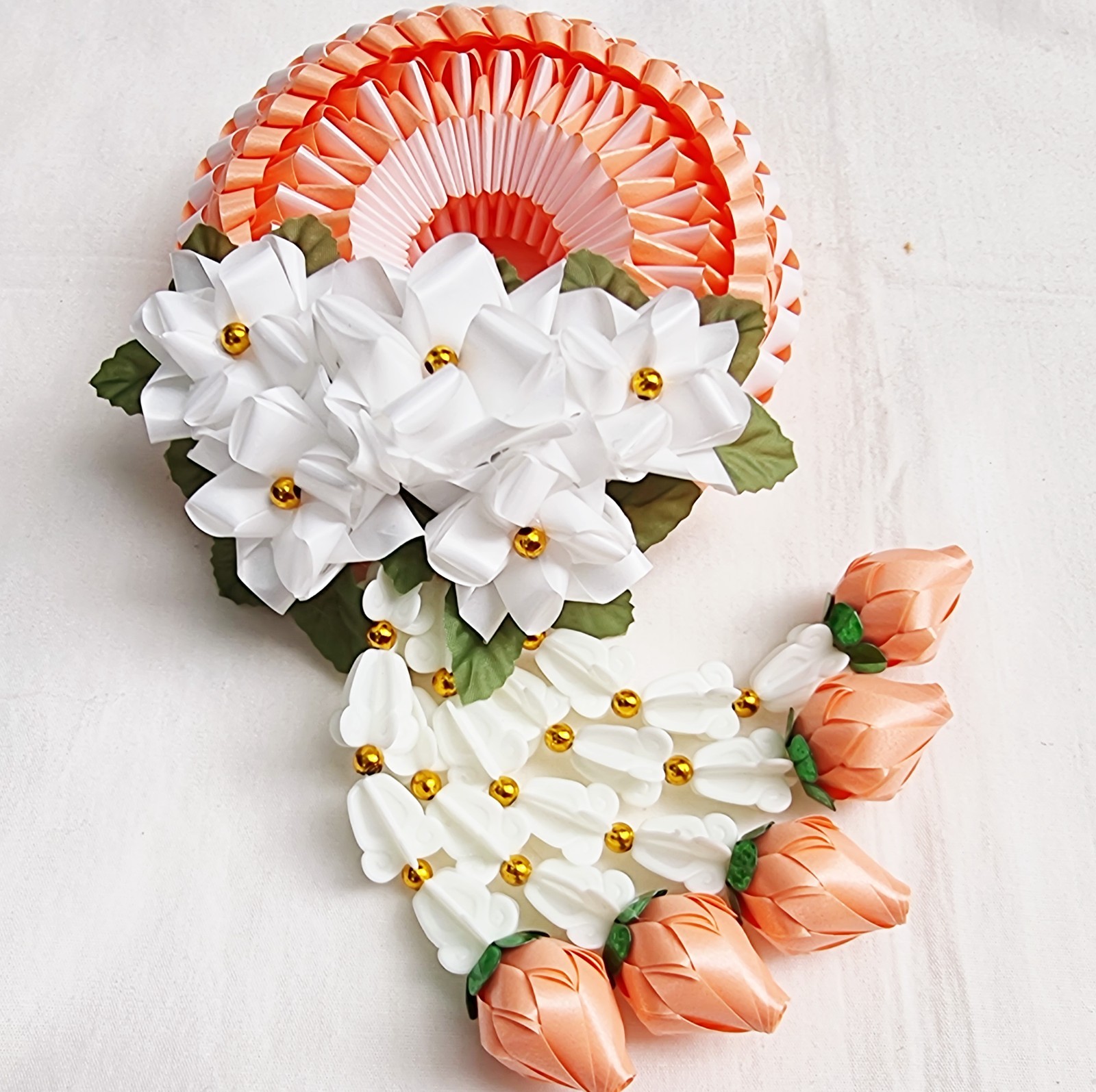 Ribbon folding art, Garland, Artificial Light Orange flowers made from plastic