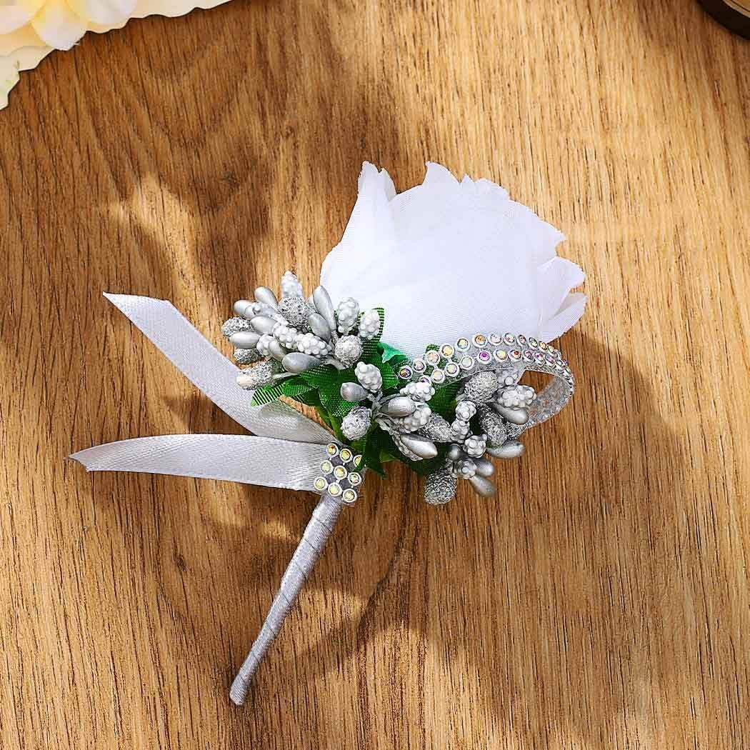 Rose Wedding Boutonniere White Groom Flower Buttonholes Men Silver Gray
