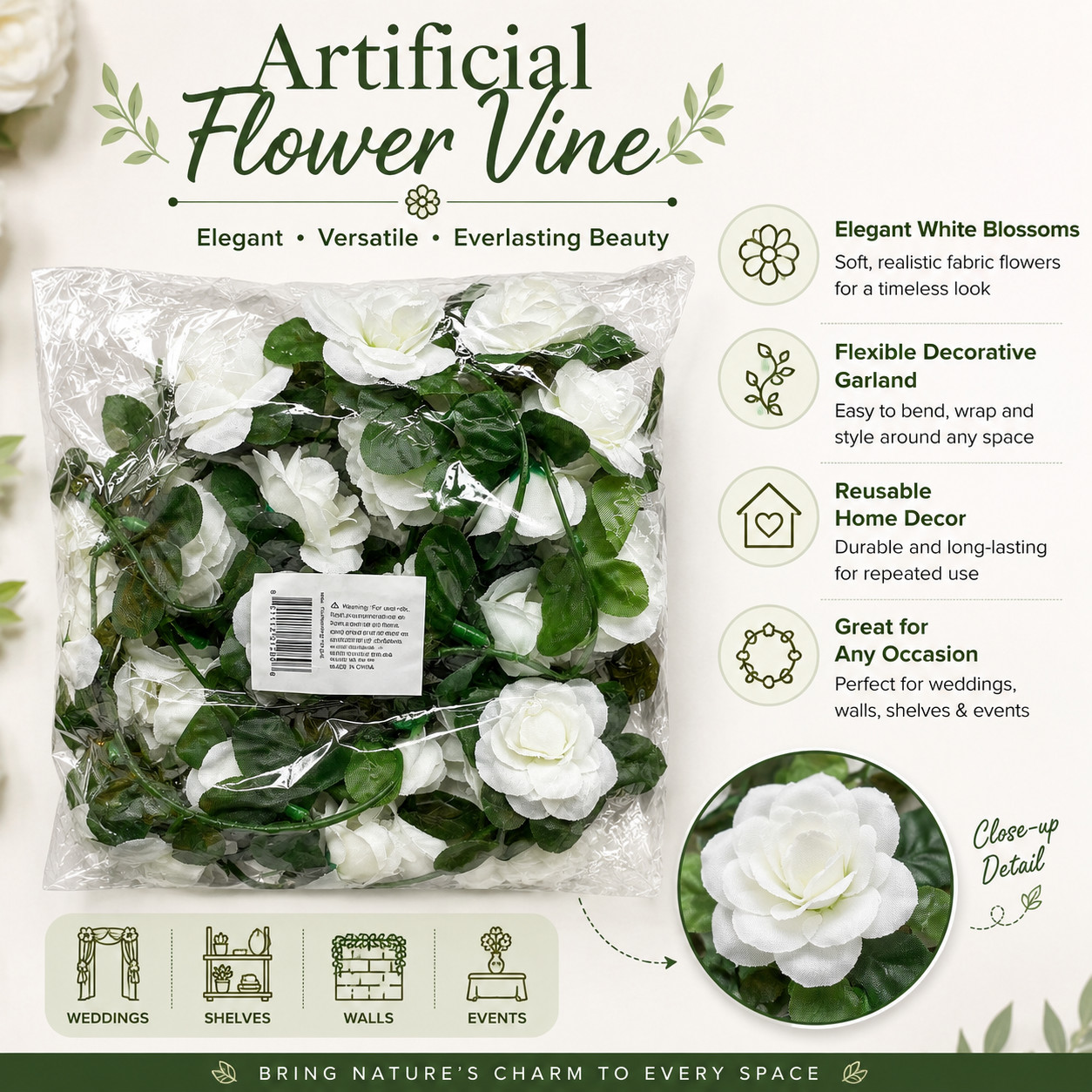 White Rose Artificial Flower Vine Garland for Wedding and Home Decor