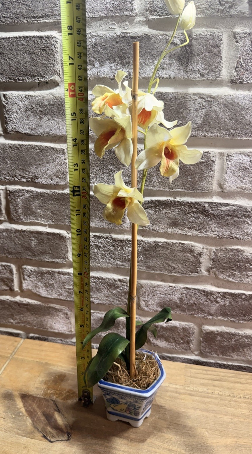 Set Of 2 Vtg Blue White Chinoiserie Ceramic Pot Pink & Yellow Artificial Orchid