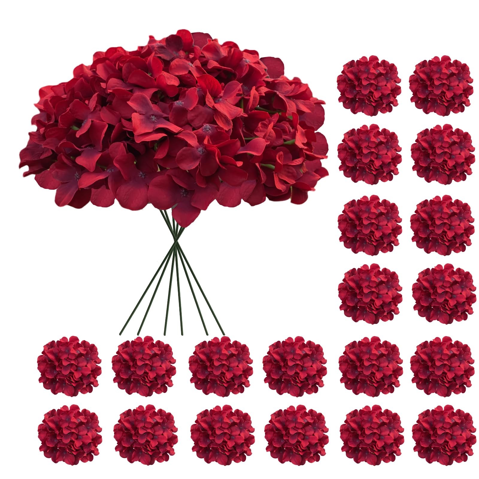 20 Pcs Dark Red Hydrangea Artificial Flowers Bulk, Faux Hydrangea Flowers Hea…