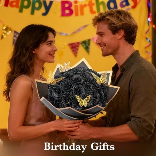 Glitter Roses Bouquet, DIY Fake Flowers Bouquet, Birthday Gifts 24pcs Black