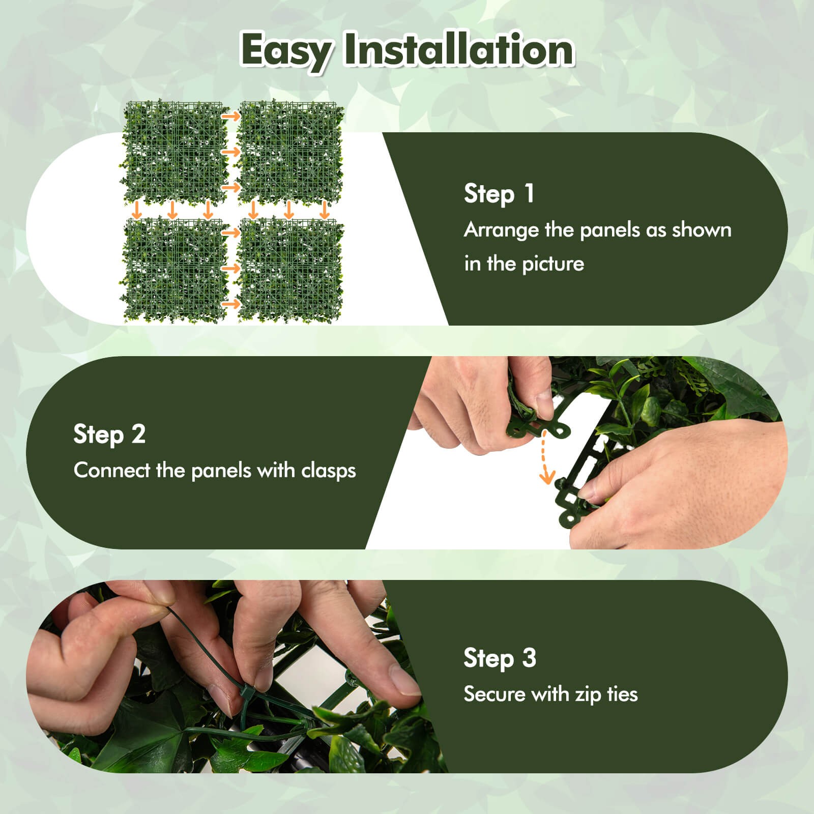 12 Pcs 20″ x 20″ Faux Greenery Foliage Panels w/Insertable Branches for Backyard