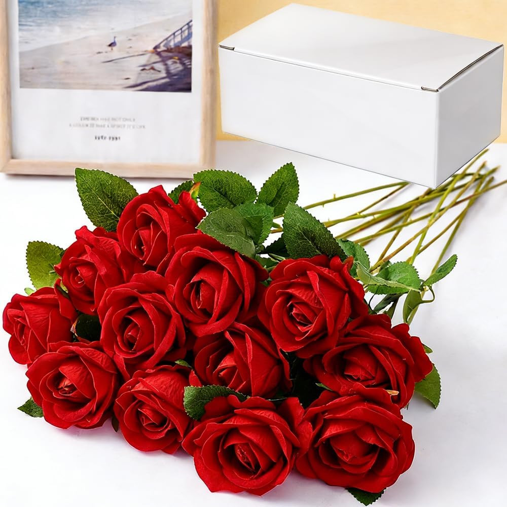 12PCS Artificial Roses Realistic Velvet Silk Flowers Long Stem Faux Flowers Bouq