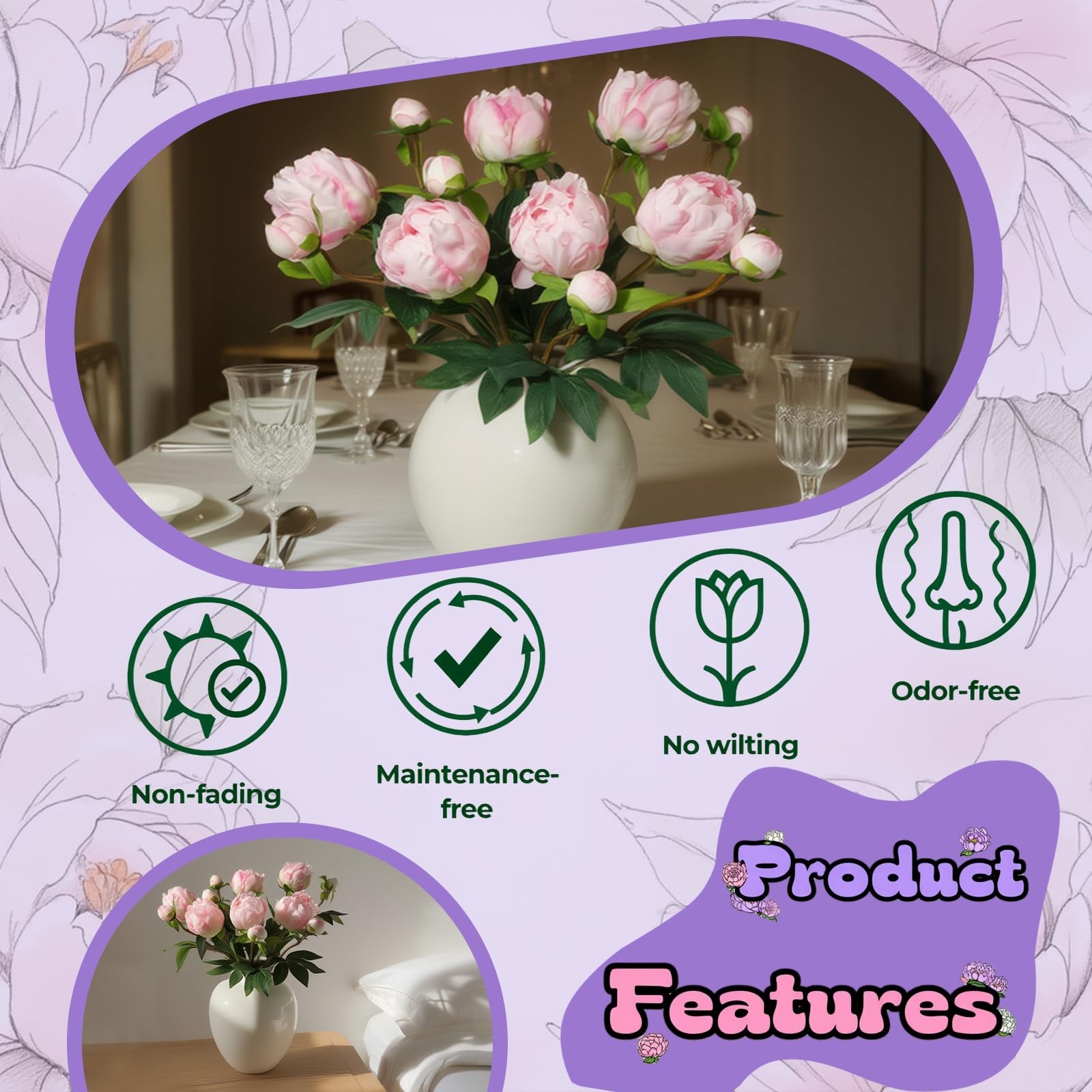 6PCS Pink Peonies Artificial Flowers, Realistic 2 Heads Silk Peonies with Ste…