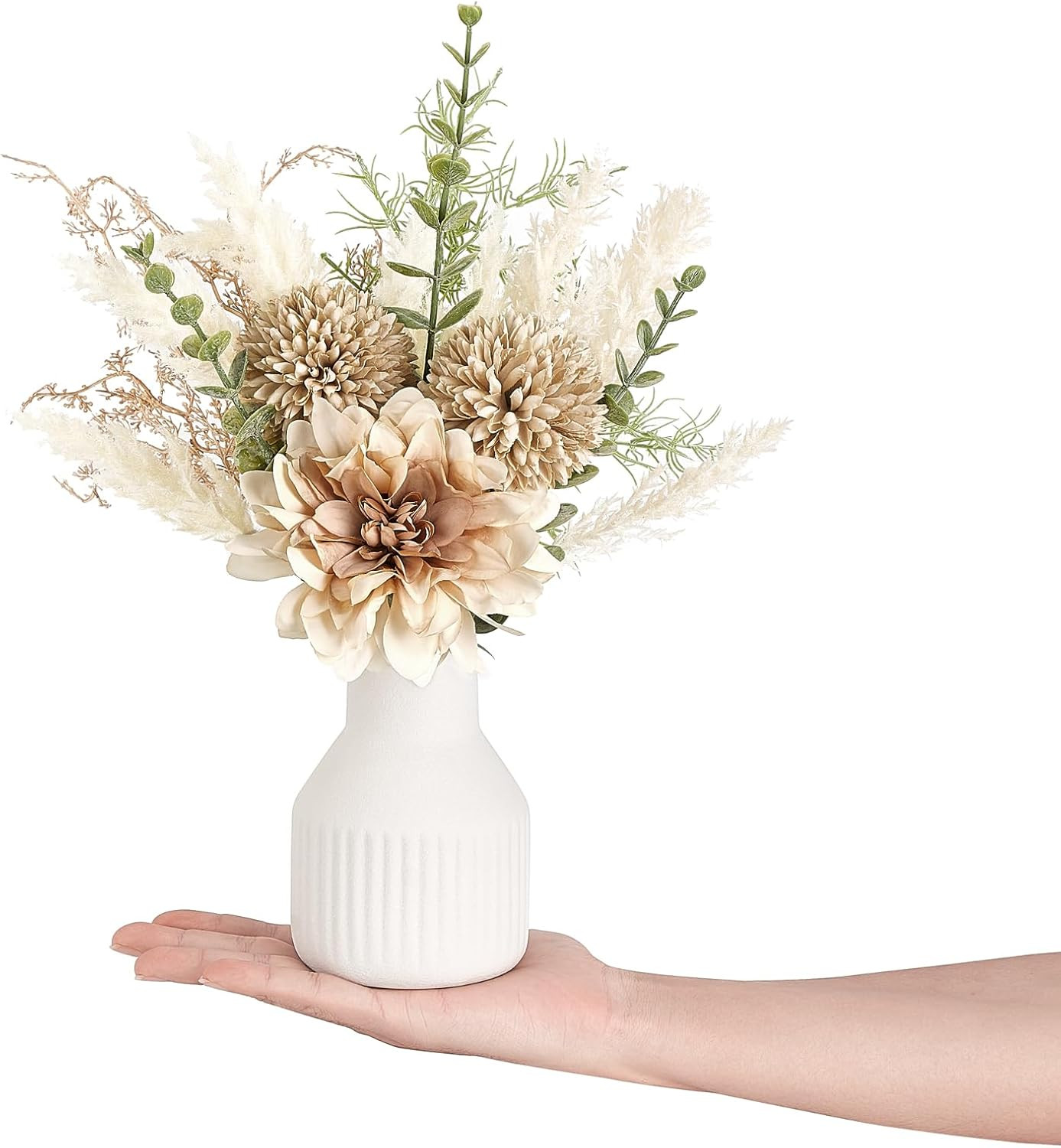 Small Artificial Flowers in Ceramic Vase 12.5″ Centerpieces Coffee Table Decor,
