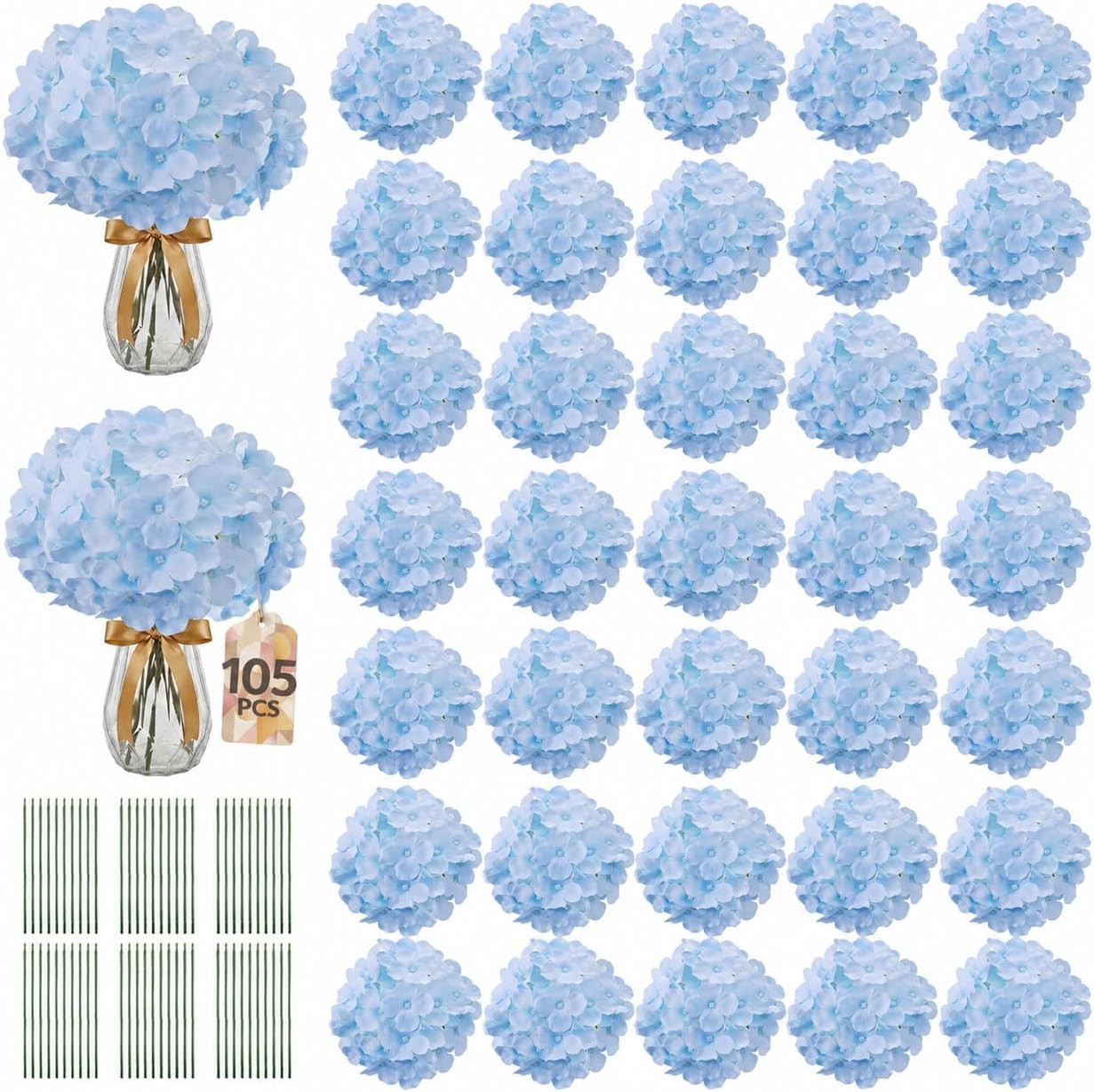105PCS Blue Hydrangea Artificial Flowers for Weddings & Events – Silk Faux Decor