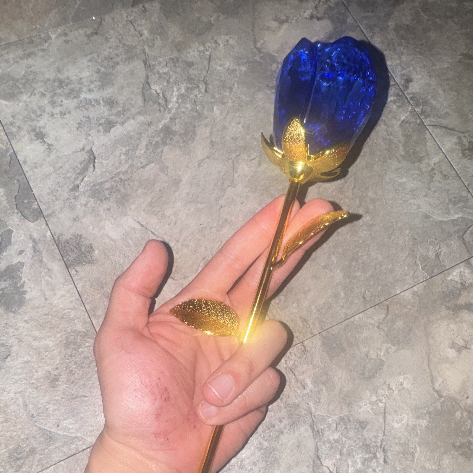 Artificial Blue Rose Flower, Gold-Tone Metal Stem in Red Gift Box