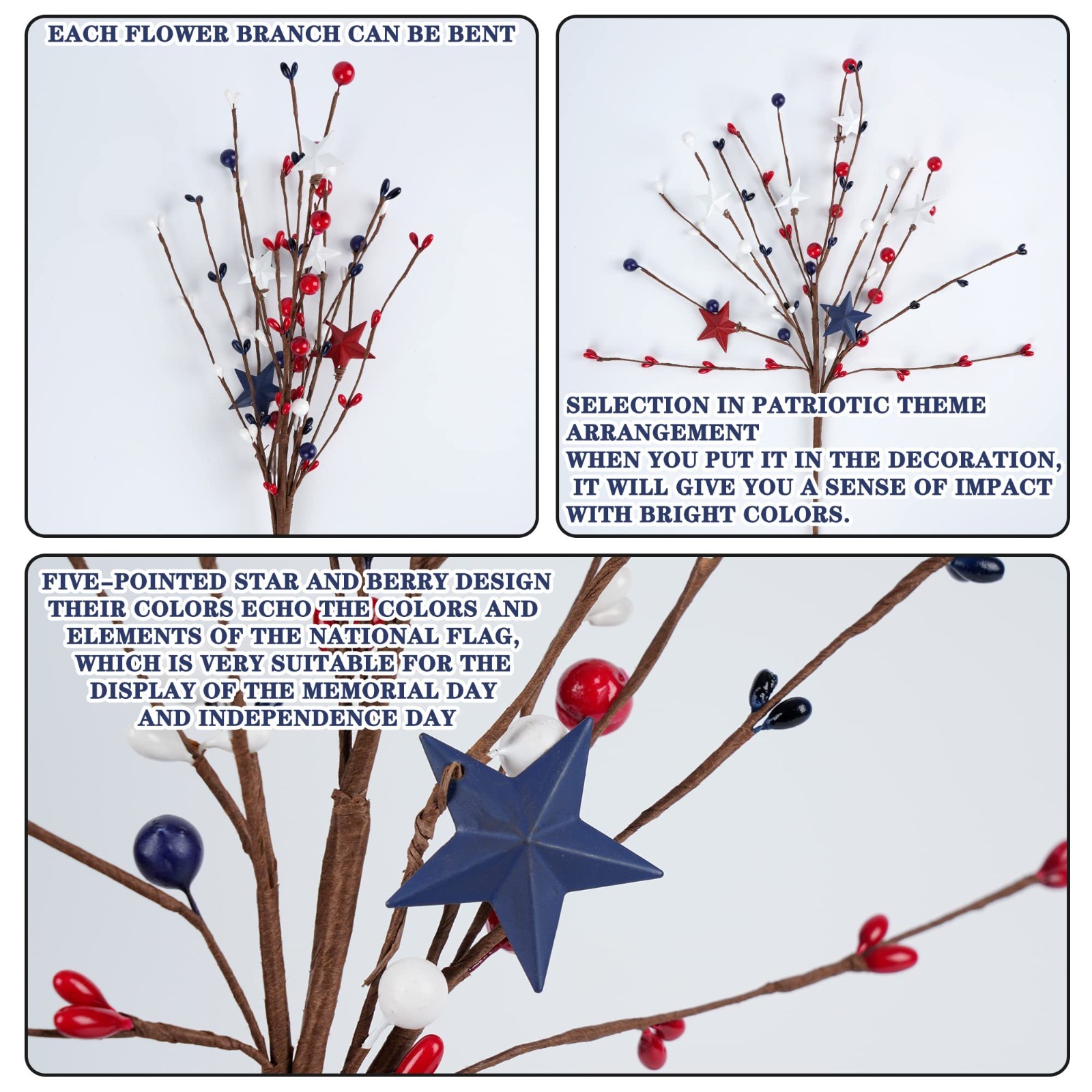 4 Pack Patriotic Berry Stem Picks – Red White Blue Stars for 4th of July Decor,