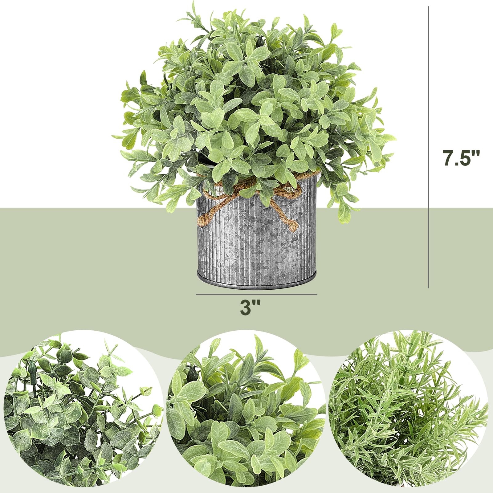 3 Inch Grey Artificial Plant Set in Galvanized Pot for Rustic Home Decor