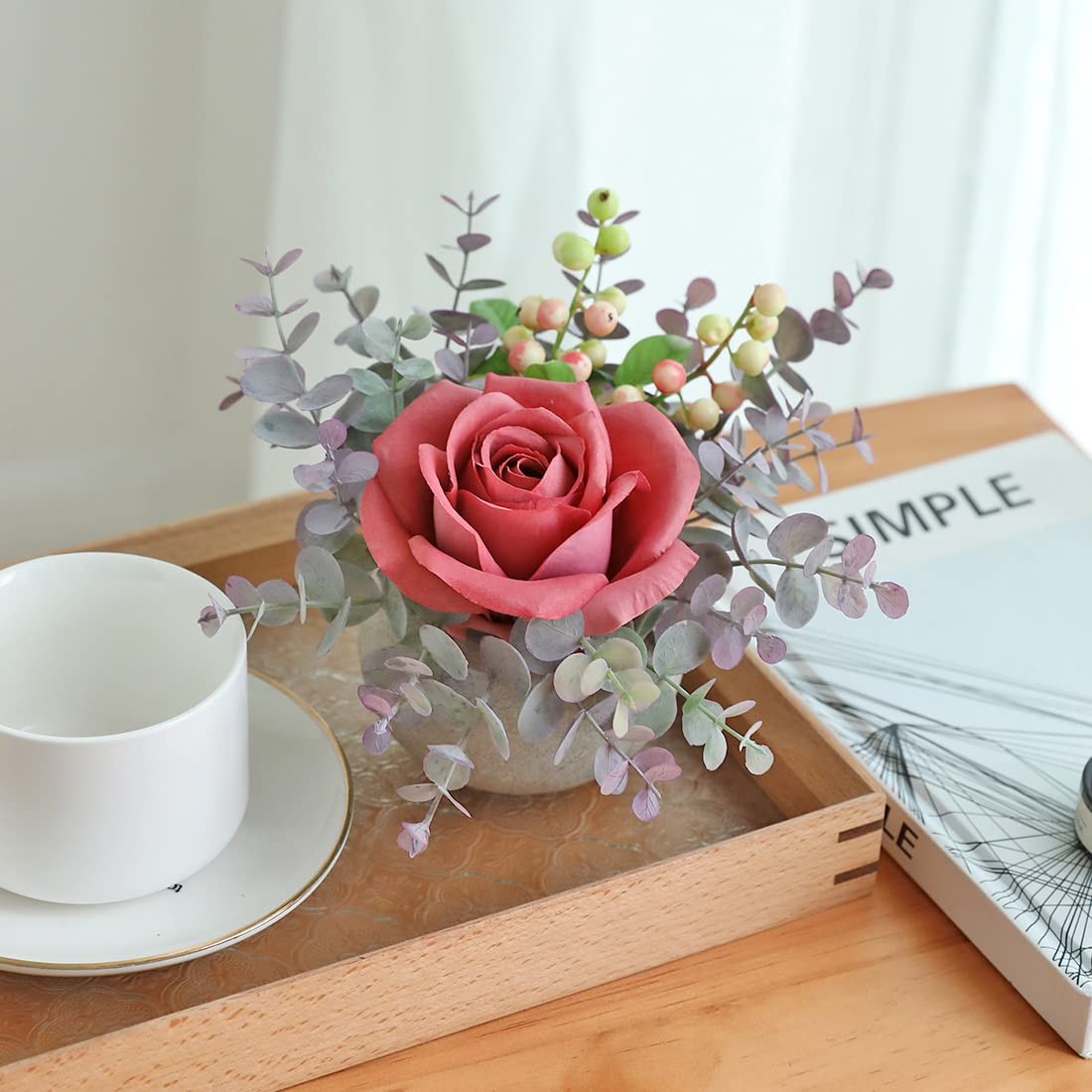 Artificial Flowers Kit with Pot Fake Silk Pink Roses Greenery Small Plant