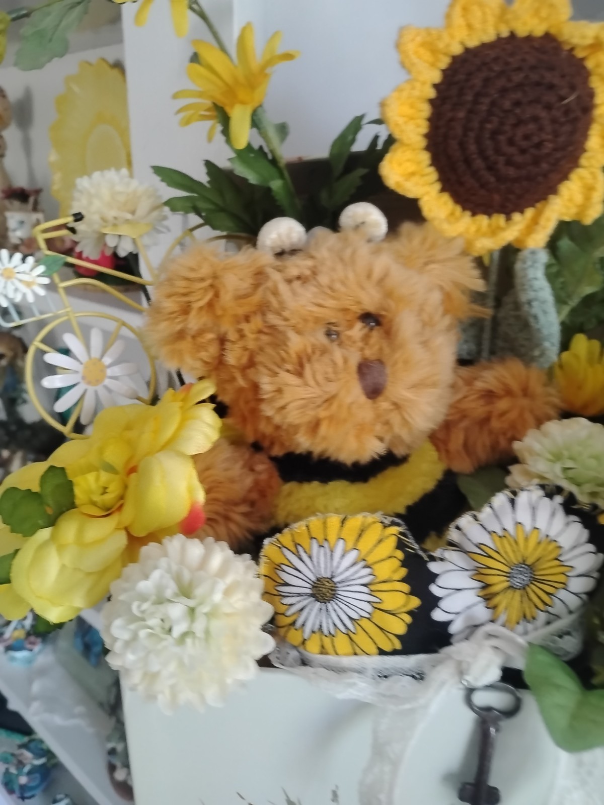 Handmade Sunflower & Bee Centerpiece In A Decorative Box With Floral And Greens,