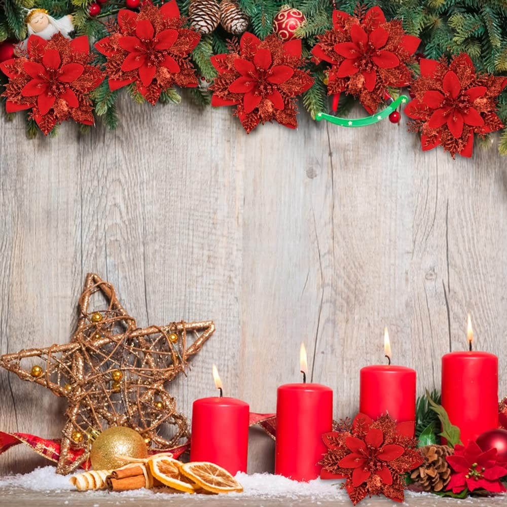 12 PCS Red Christmas Glitter Artificial Poinsettia Flowers Wreath Tree Decor