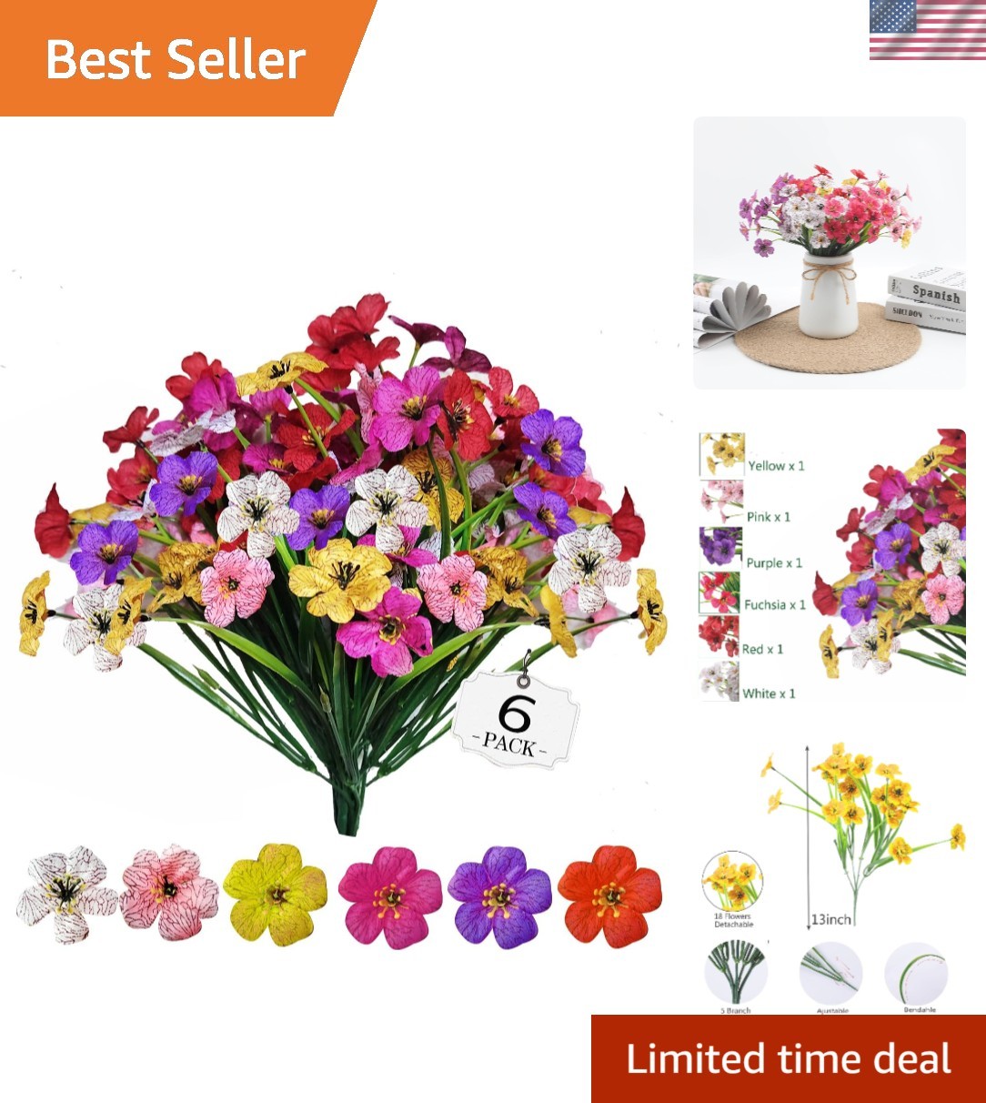 6-Bundle Artificial Flowers Set – No Fade Faux Plants for Indoor & Outdoor Decor