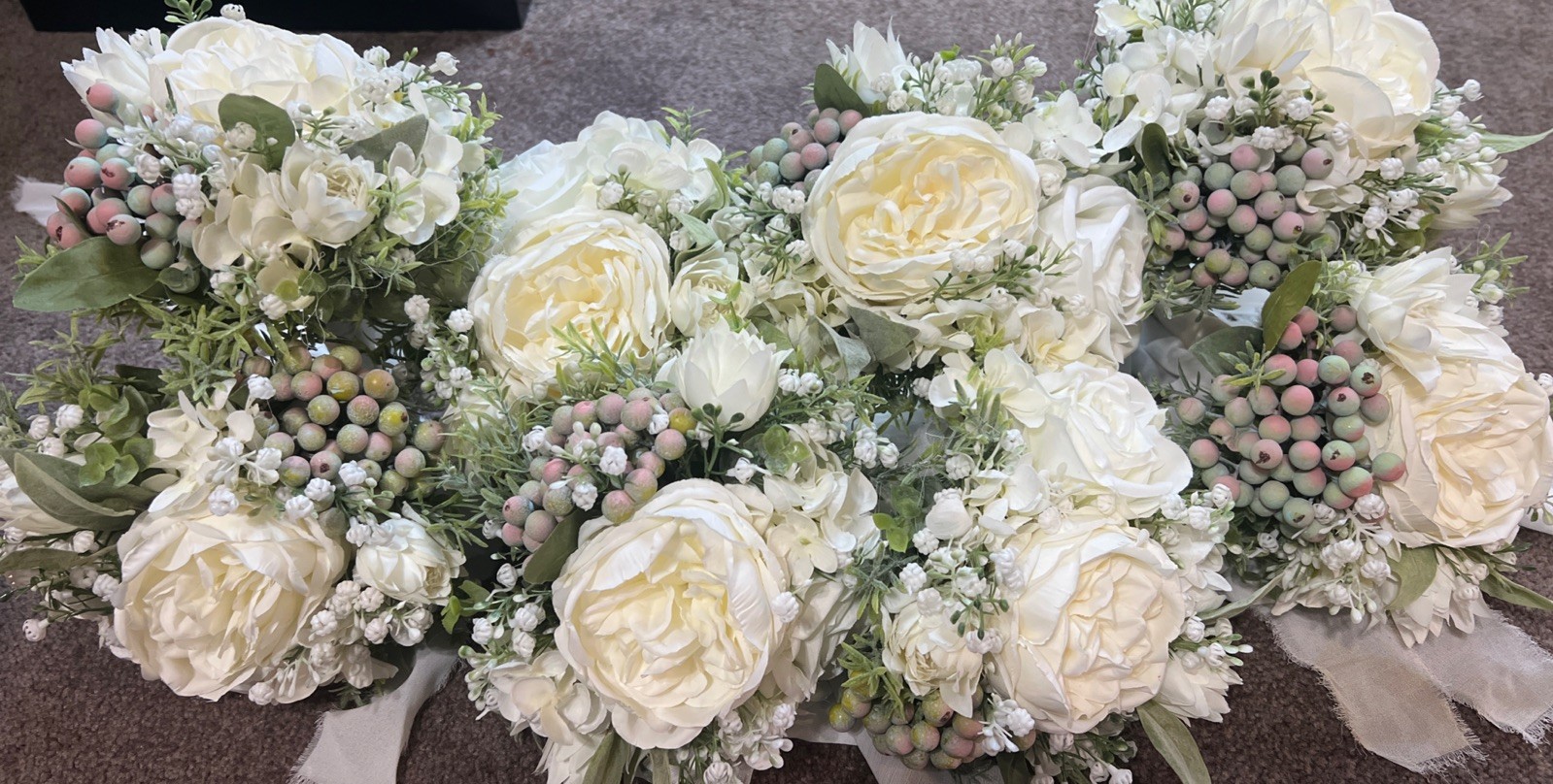 Lot of 8 Faux Silk Ivory Sage Green Rose Peony Artificial Bridesmaids Bouquets