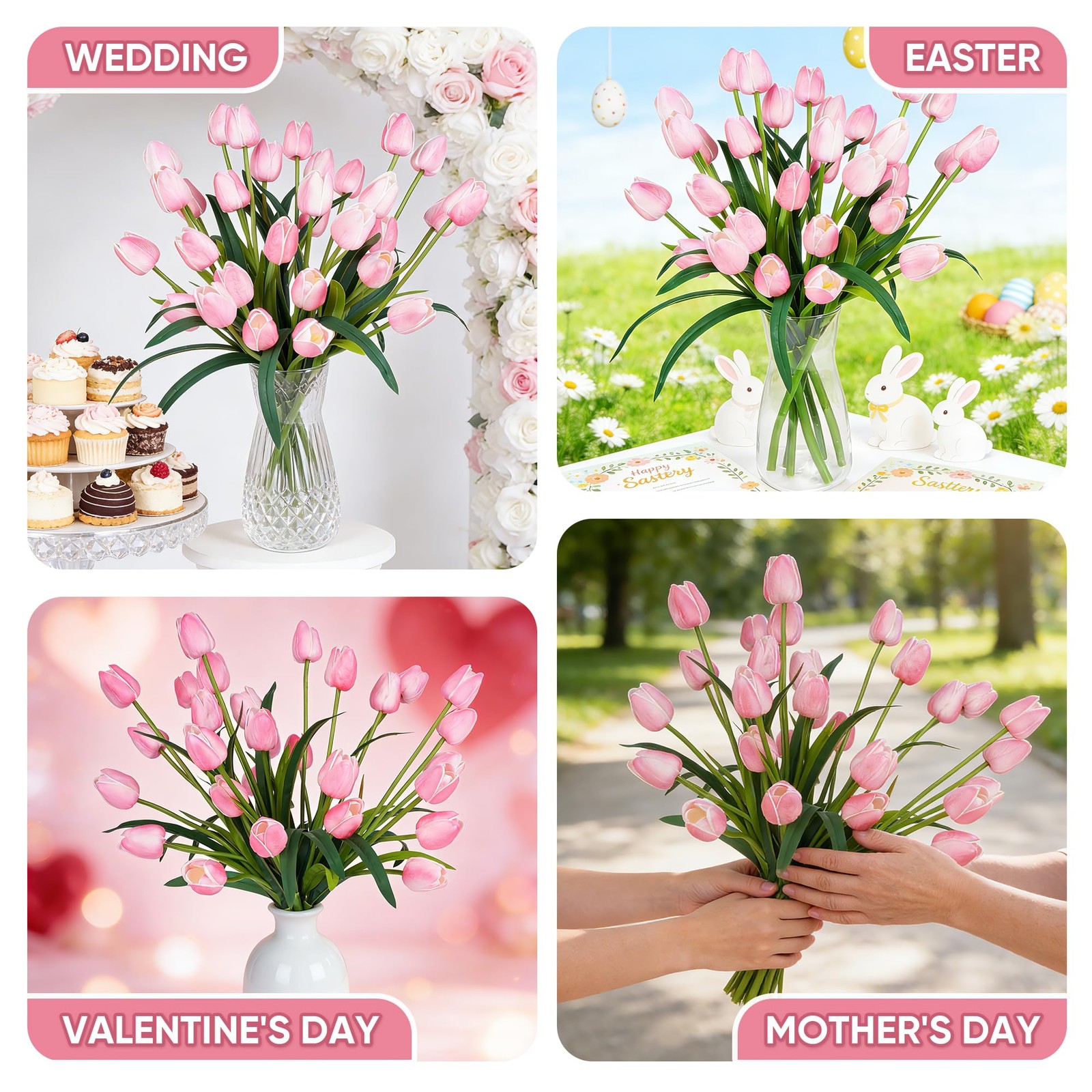 30Pack 18.9 Inch Large Pink Simulation Tulip Artificial Flowers Faux