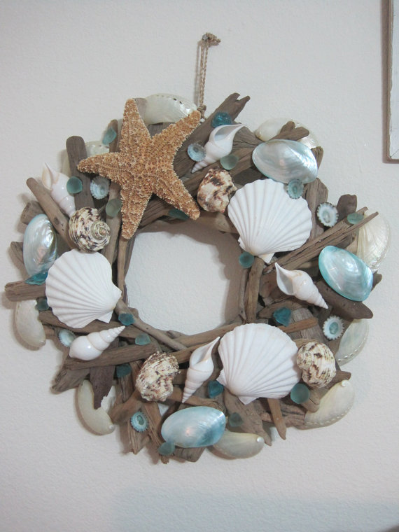Beach Decor Handmade Seashell and Sugar Starfish Driftwood Wreath – Coastal Home