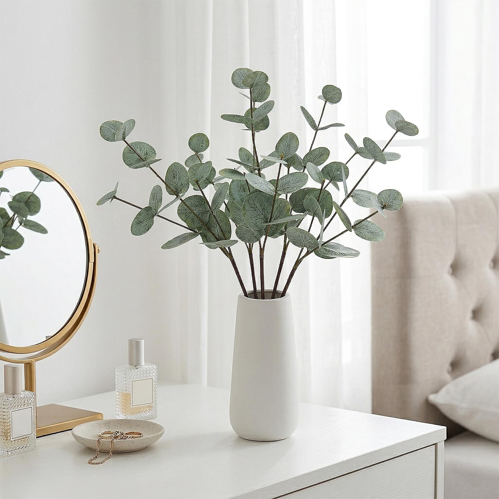 Eucalyptus Stems in Vase, 19 Inch Artificial Eucalyptus with Ceramic Vase Fak…