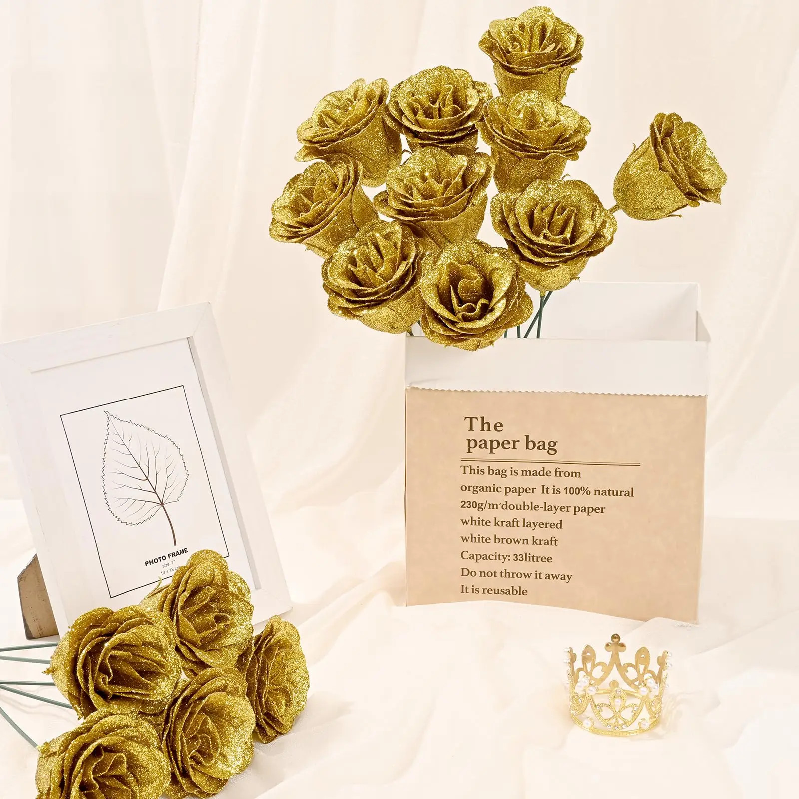 12PCS Glitter Roses Artificial Flowers DIY Bouquet Everlasting Fake Flower