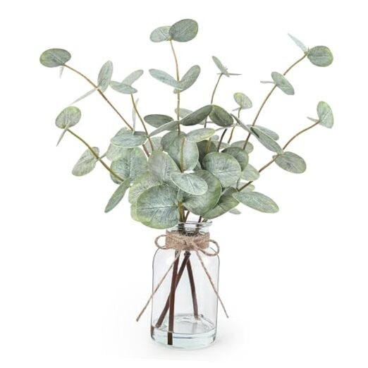 Artificial Eucalyptus Stems in Glass Vase with A Real Touch Green Eucalyptus