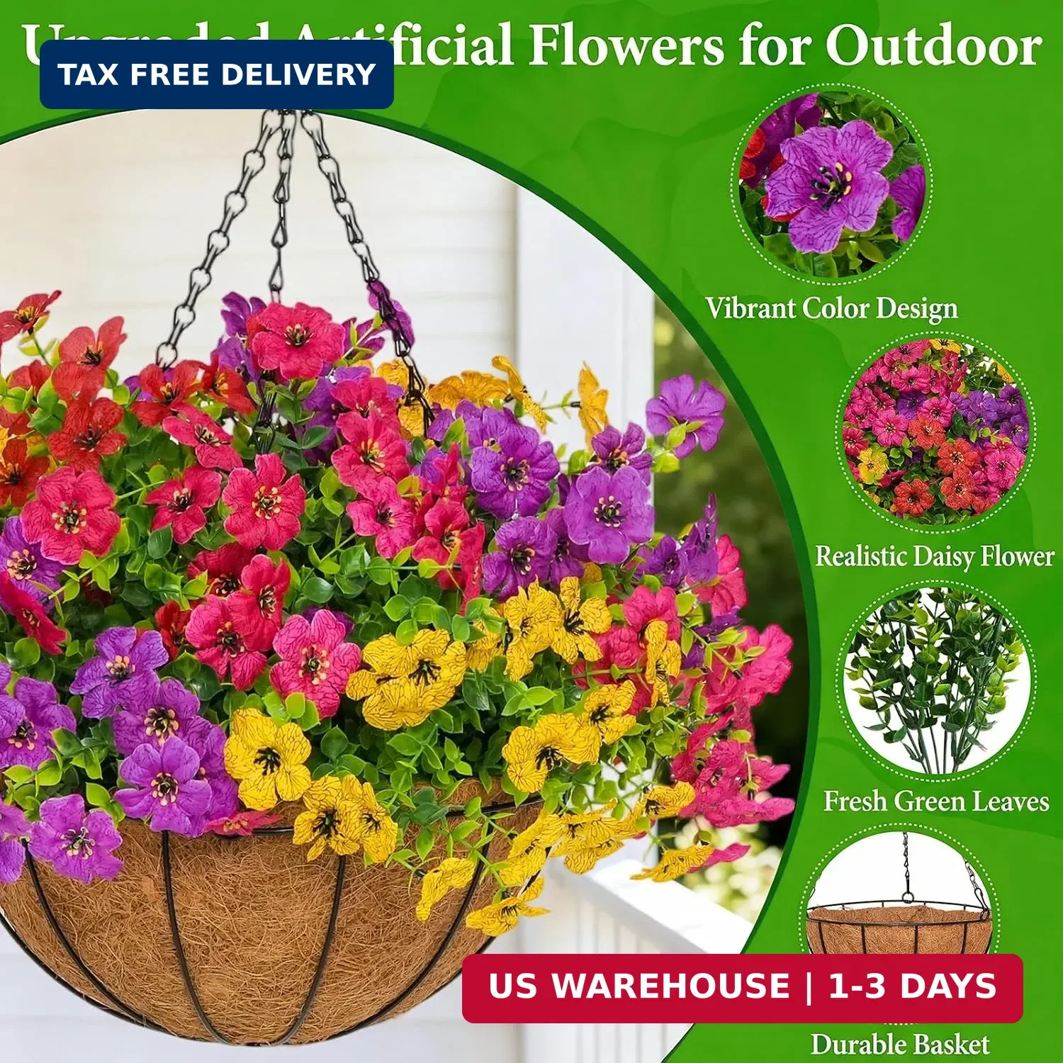 2 Set Artificial Outdoor Flowers with Hanging Basket for Garden Porch Patio Balc