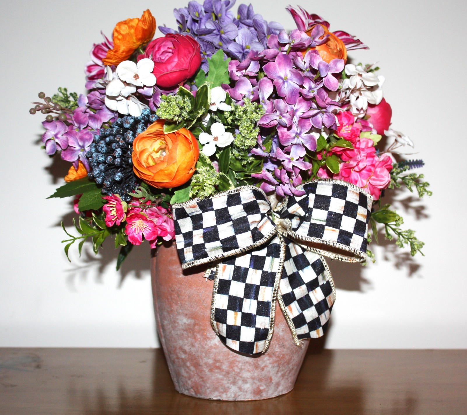 Faux Floral Arrangement In Mossed Terracotta Planter With Mackenzie Childs Bow!