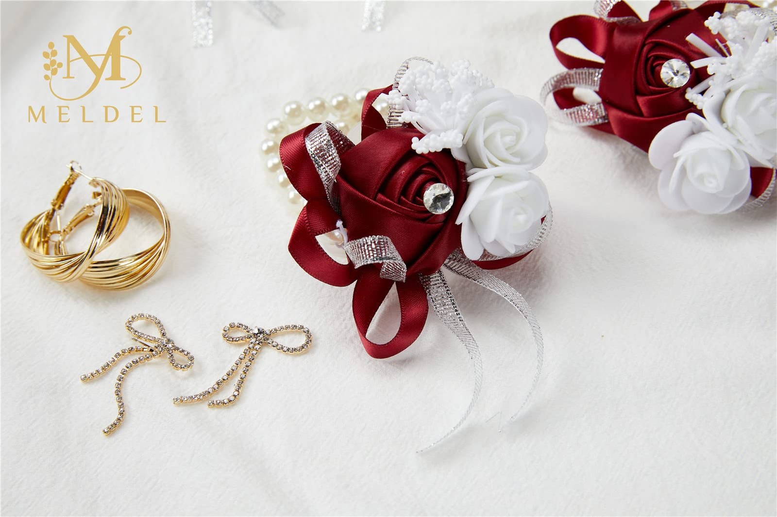 4 PCS Burgundy Wrist Corsage Wedding Rose Wine Red Set For Prom Bridal