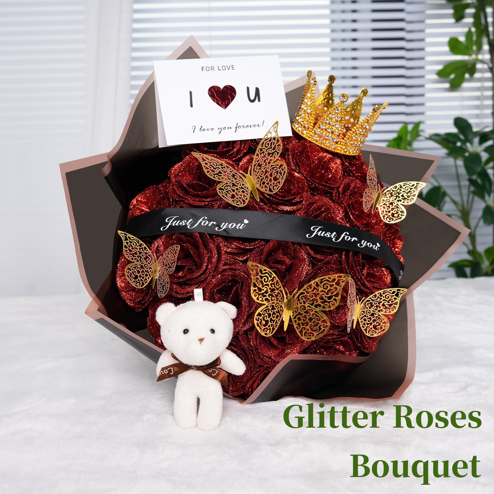 12 PCS Glitter Roses Bouquet DIY Fake Everlasting Shiny Blue Rose Decor
