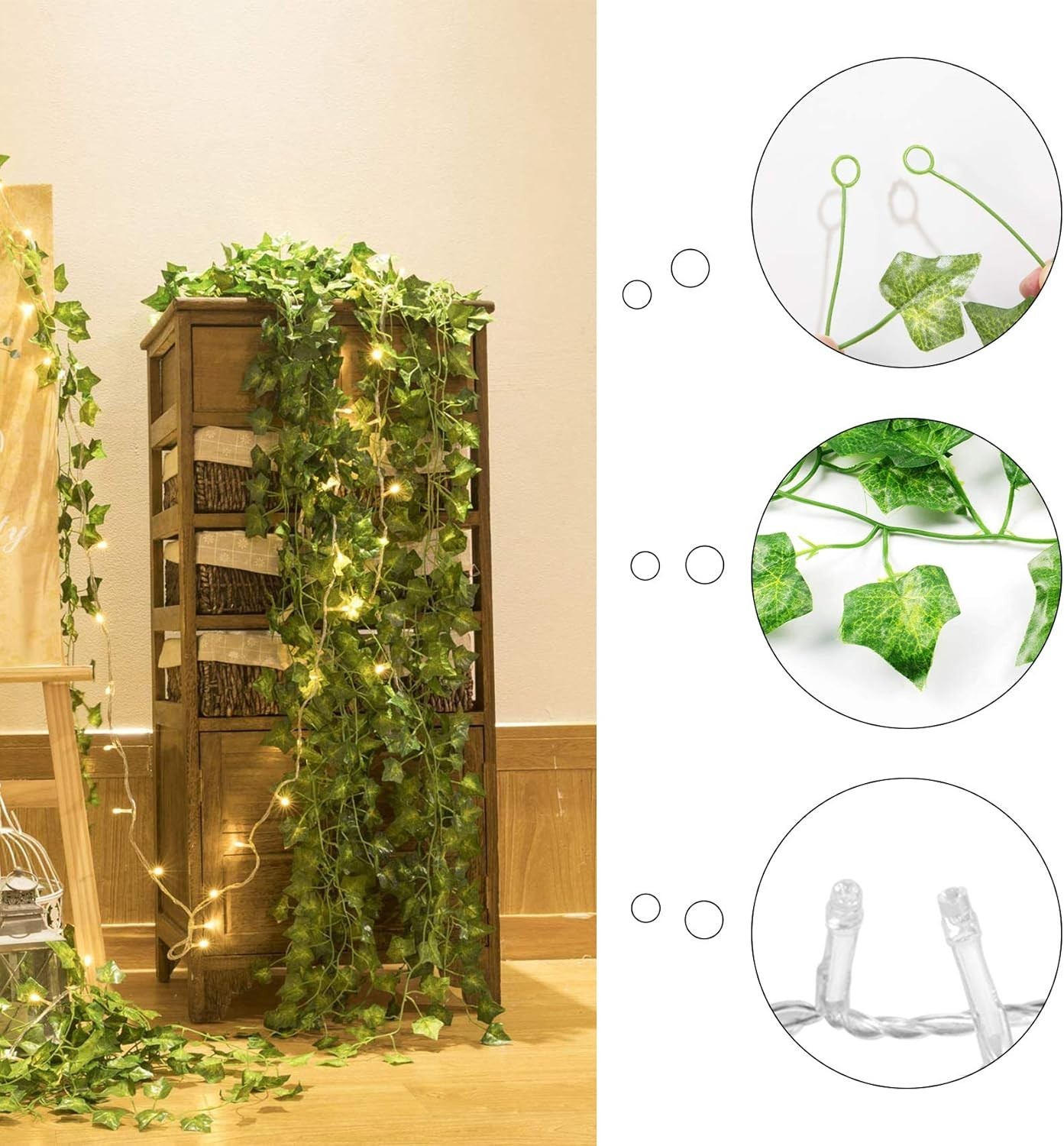 12PCS Plantas Hiedra Artificiales Con Luces LED Para Decoración Hogar Oficina