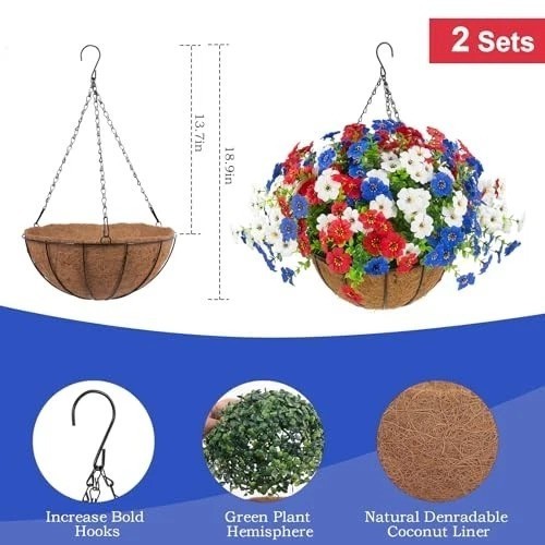 Artificial Hanging Flower Baskets 2 Sets 24 Pieces Red White Blue Patriotic