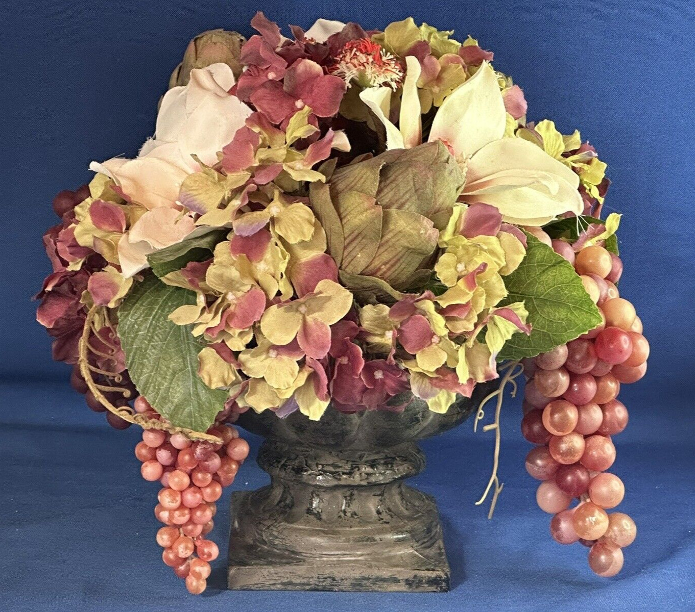 Large Arrangement of Faux Fruits and Flowers Centerpiece in Urn ~ 12.5 h x 13″ w