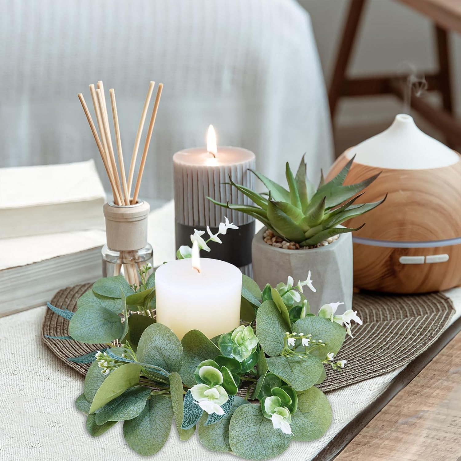 Artificial Eucalyptus Candle Rings – Set of 4 Greenery Wreaths for Holders