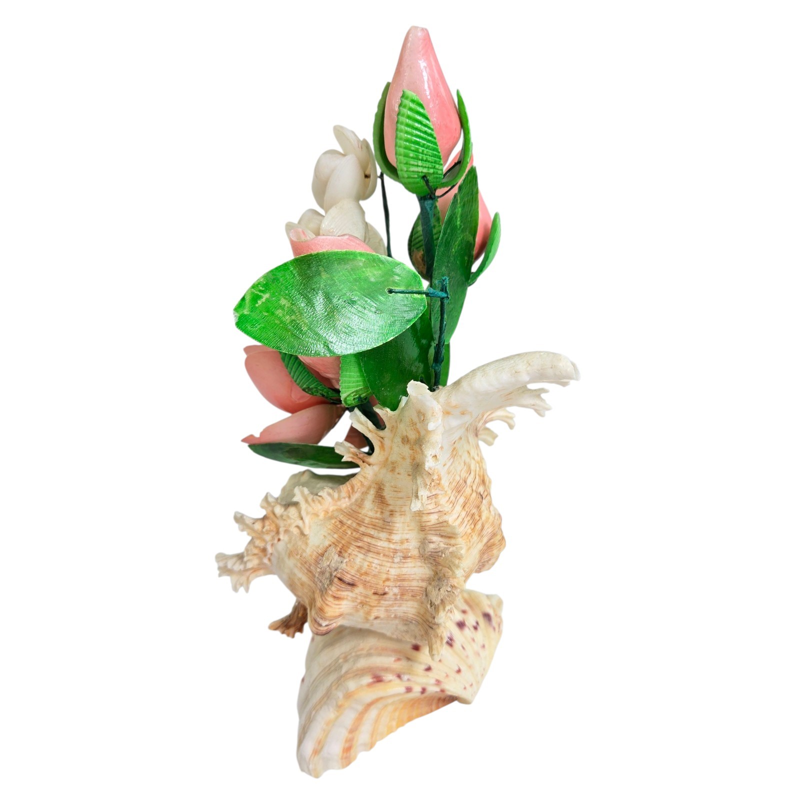 Vintage Seashell Flower Arrangement Pink Green Bouquet Decor Tropical Cottage