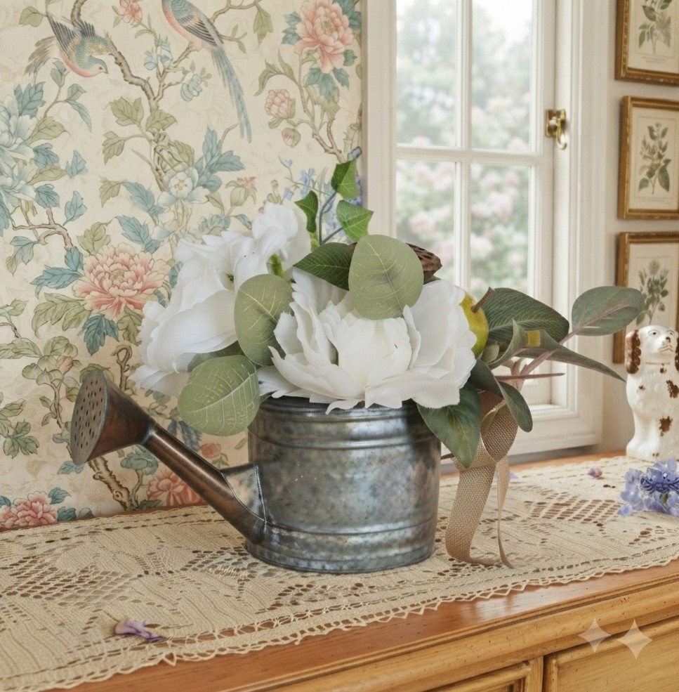 Floral Centerpiece, Vintage Metal Watering Can Cottagecore Faux Flowers