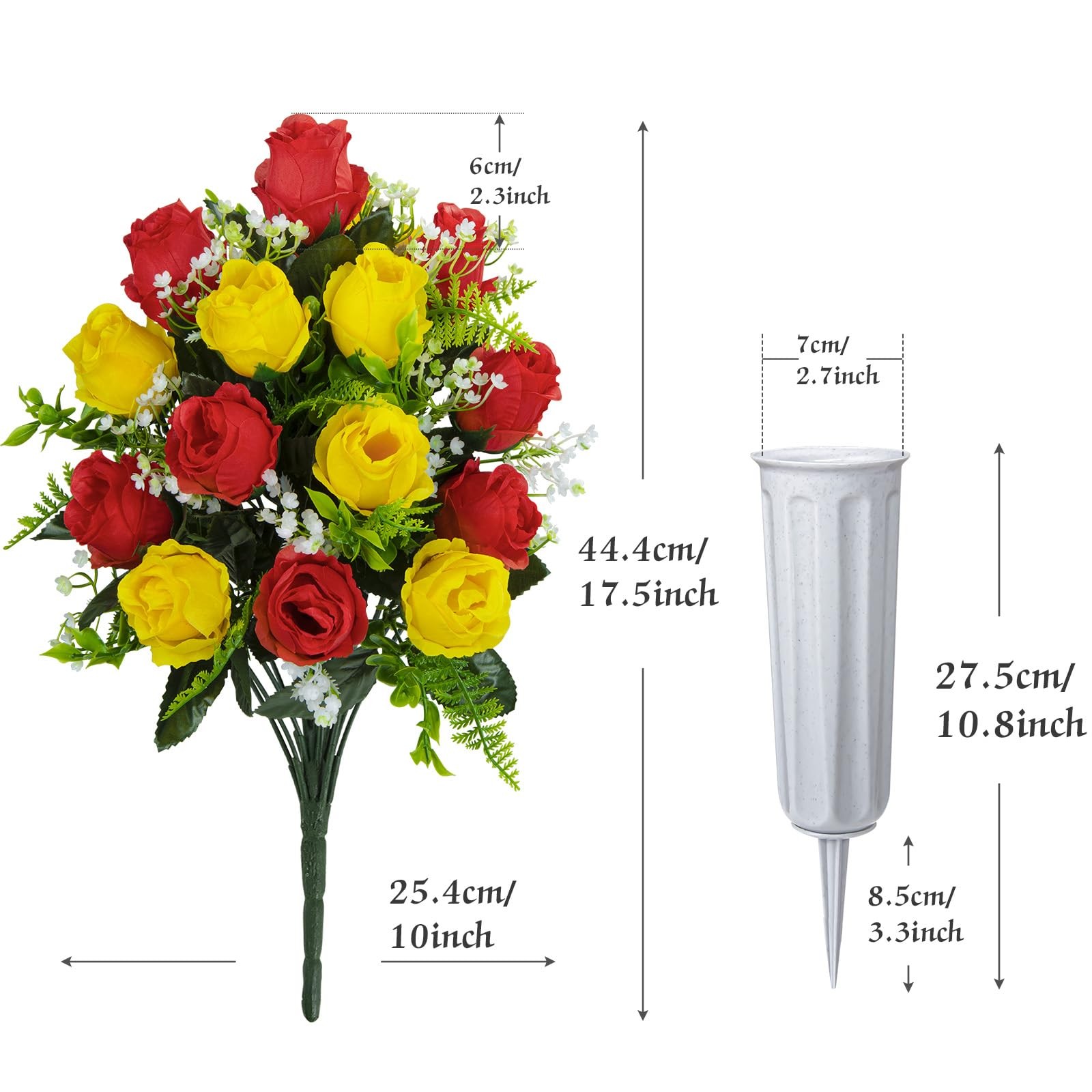 2 PCS Artificial Cemetery Flowers Bouquet With Vase Red Yellow