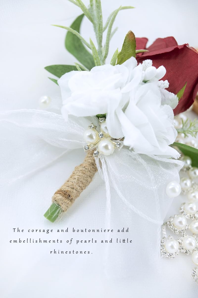 Burgundy Corsage Boutonniere Set Wedding Prom Artificial Rose Men Suit