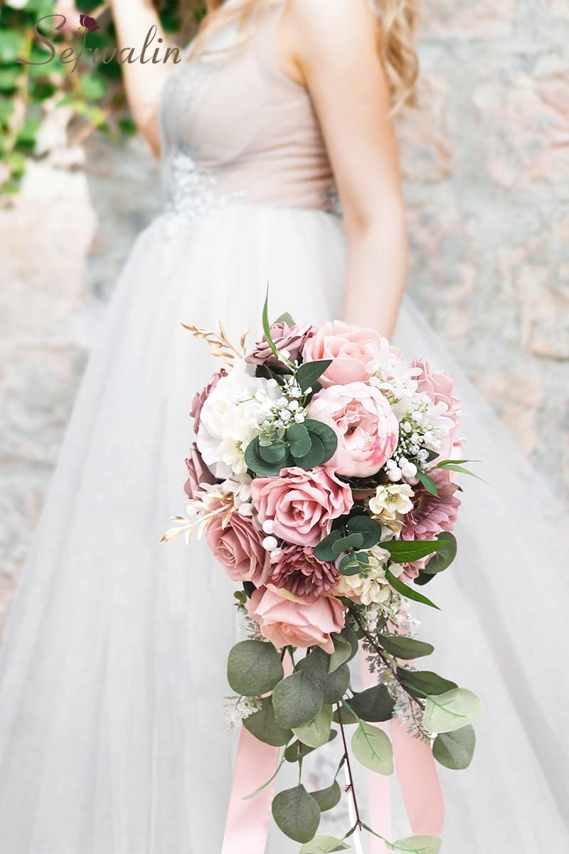 9.8 Inch Wedding Bouquets for Bride Bridesmaid, Dusty Pink Peonies Bridal Bou…