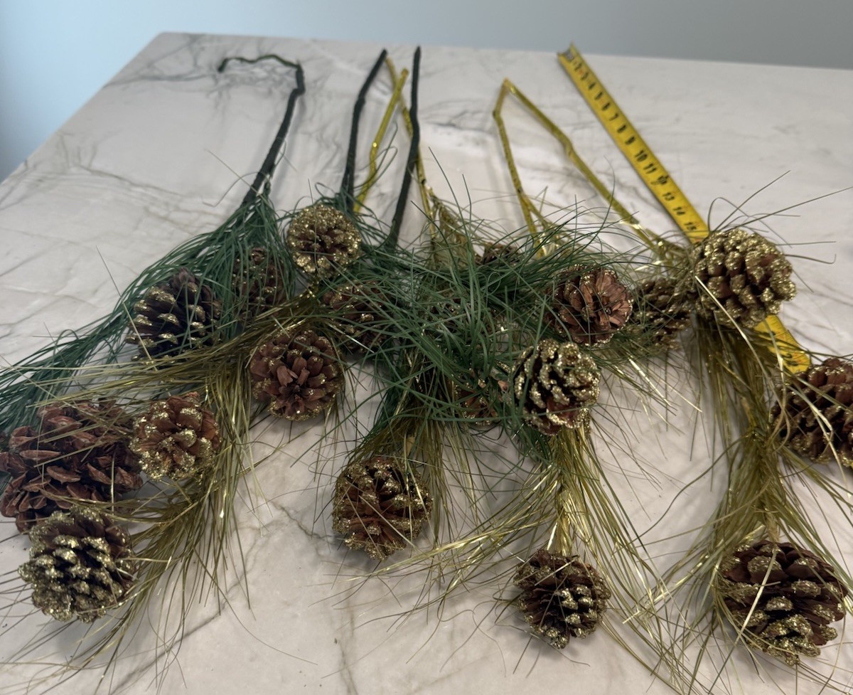 7 branches Pinecones gold green stems over 26″ long