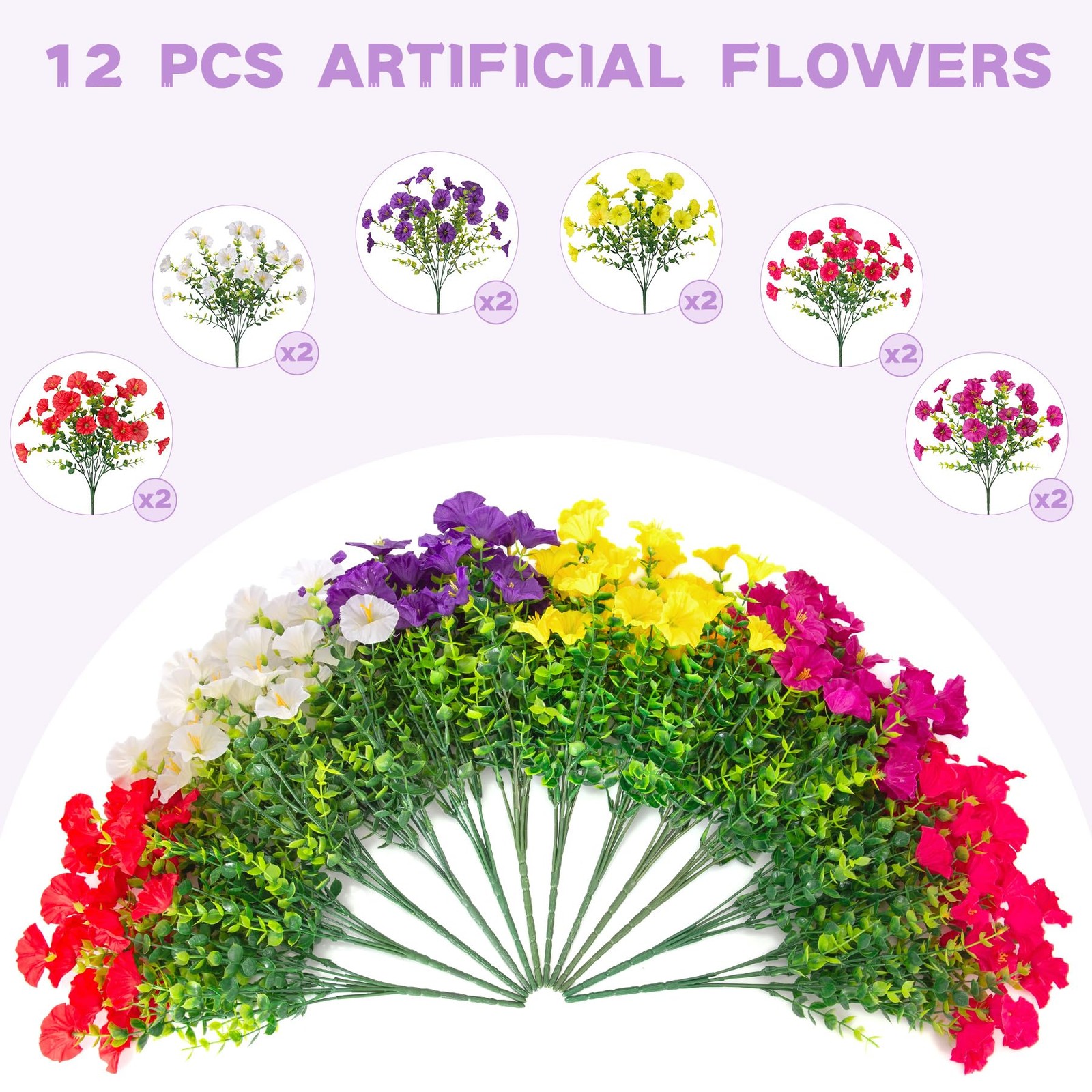 Artificial Flowers for Outdoors, 12 Bundles Fake Plastic Petunias Flower Plan…
