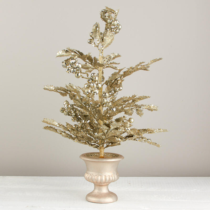 Set of 2 Sparkling Gold Artificial Holly 20″ Topiary Trees