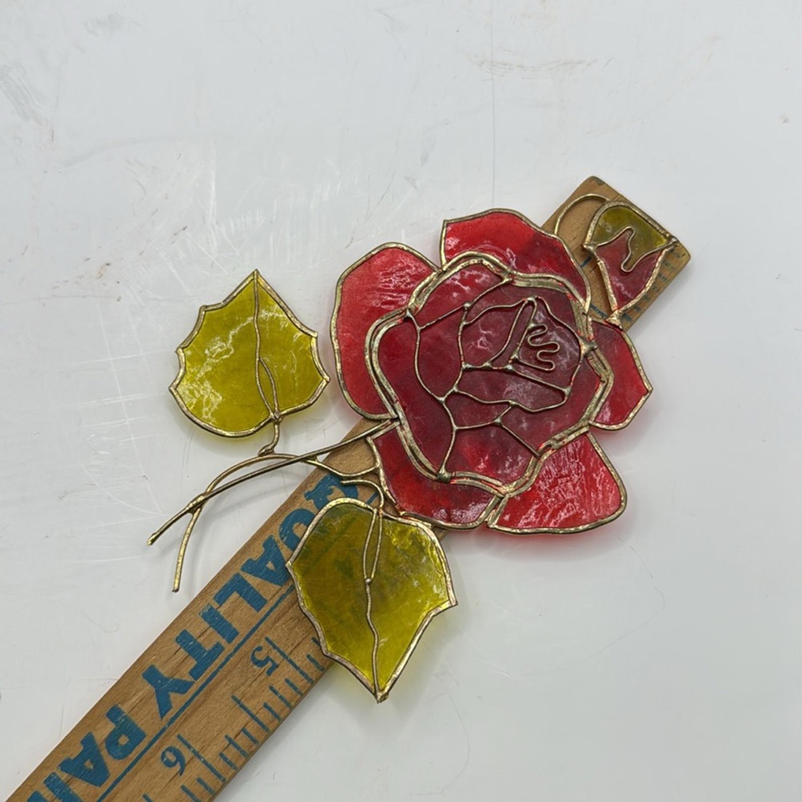 Vintage Faux Stained Glass Red Rose Flower Decor Collectible