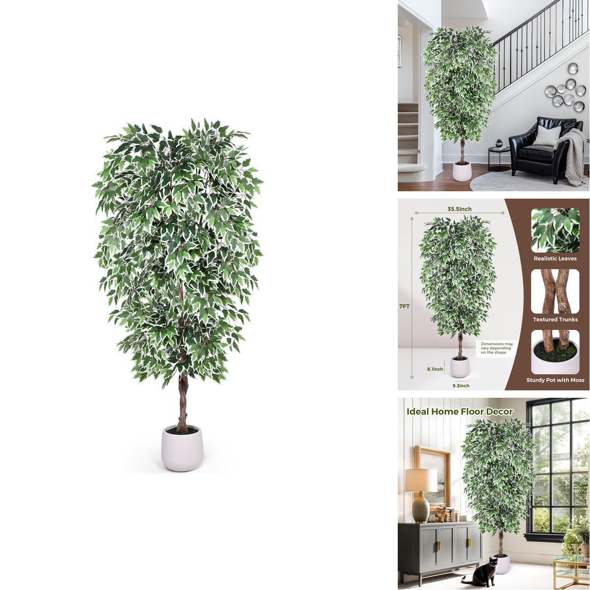 Jocoevol 7FT Artificial Ficus Tree with White Planter, Dried Moss, Natural Silk