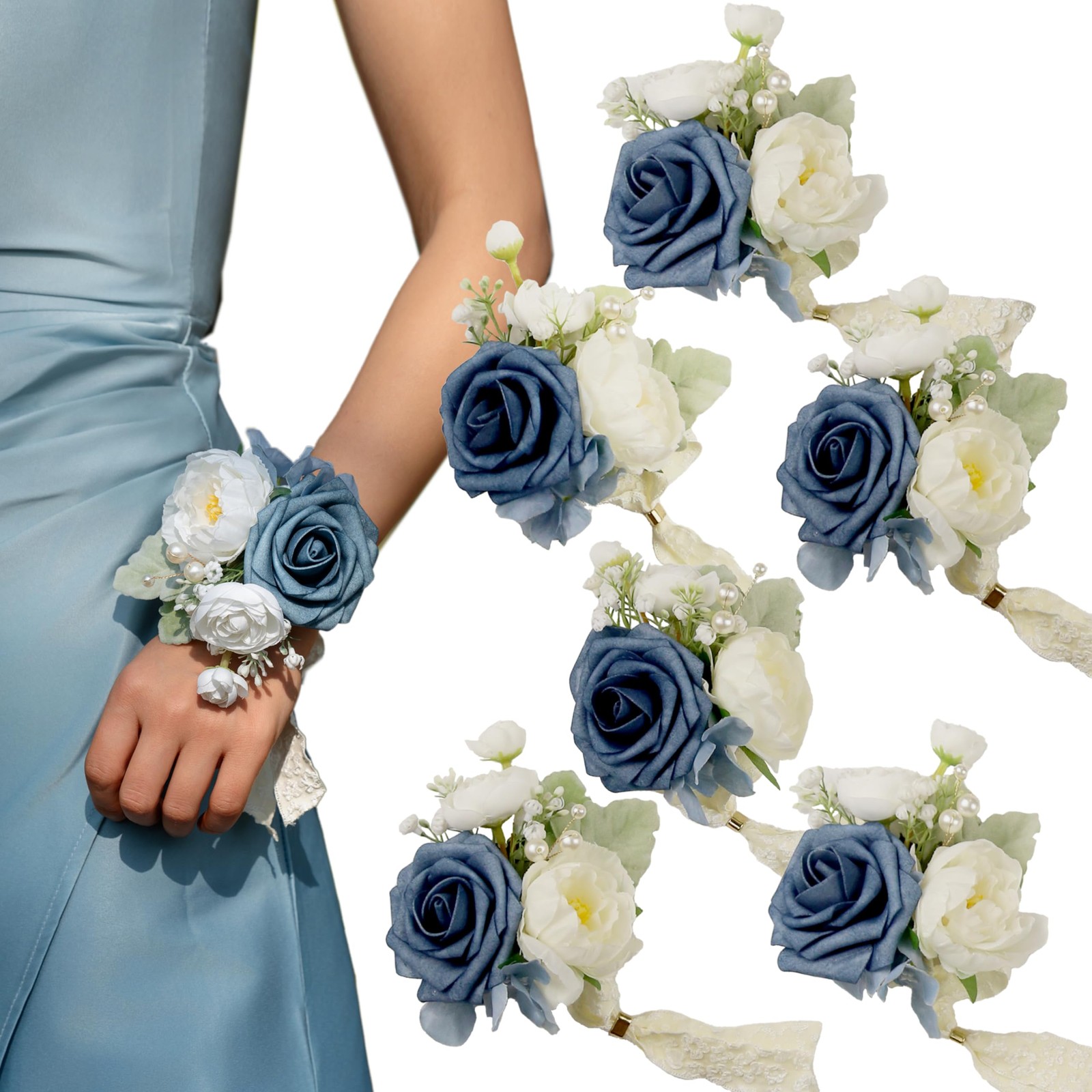 6 PCS Dusty Blue Corsages Wedding Prom Party Hand Flower Decor Wrist Band