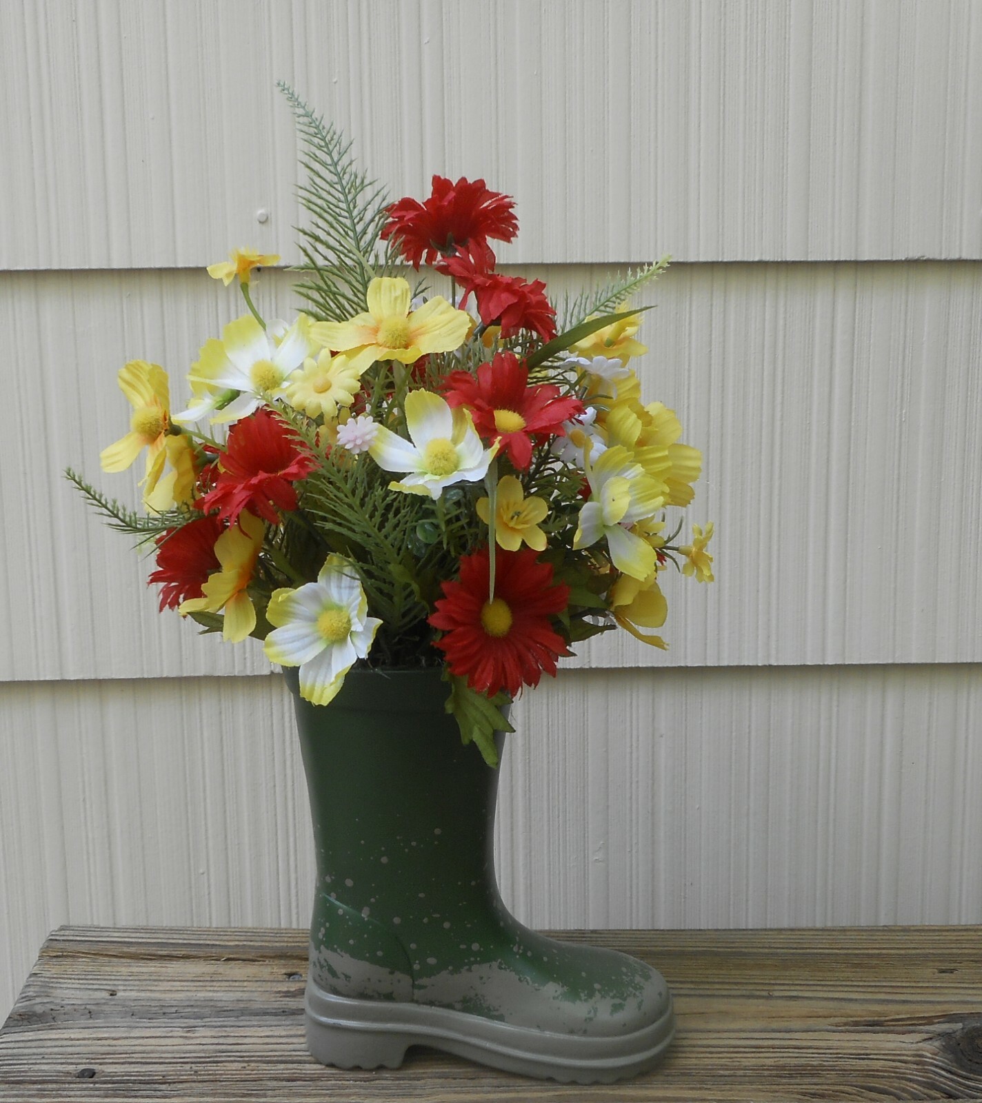 14″ tall Yellow Red Floral Ceramic Green Rain Boot Vase Summer Table Arrangement