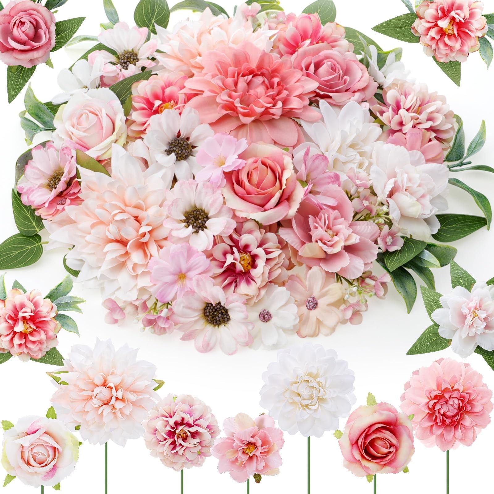100 Pcs Pink Fake Flower Heads Long Stem Mini Silk Faux Daisy Peony Rose DIY Dec