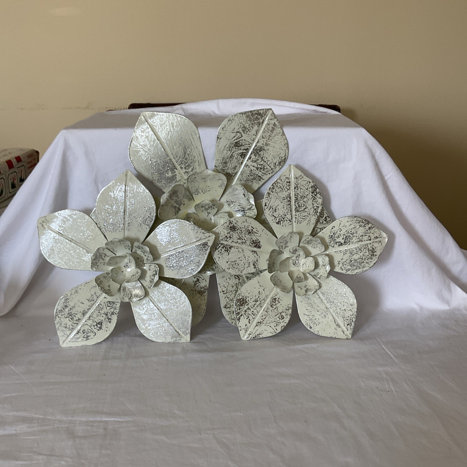 3 Layered Flower Petal Wall Decor In Silver & Off White 13” & 10” Dia Metal