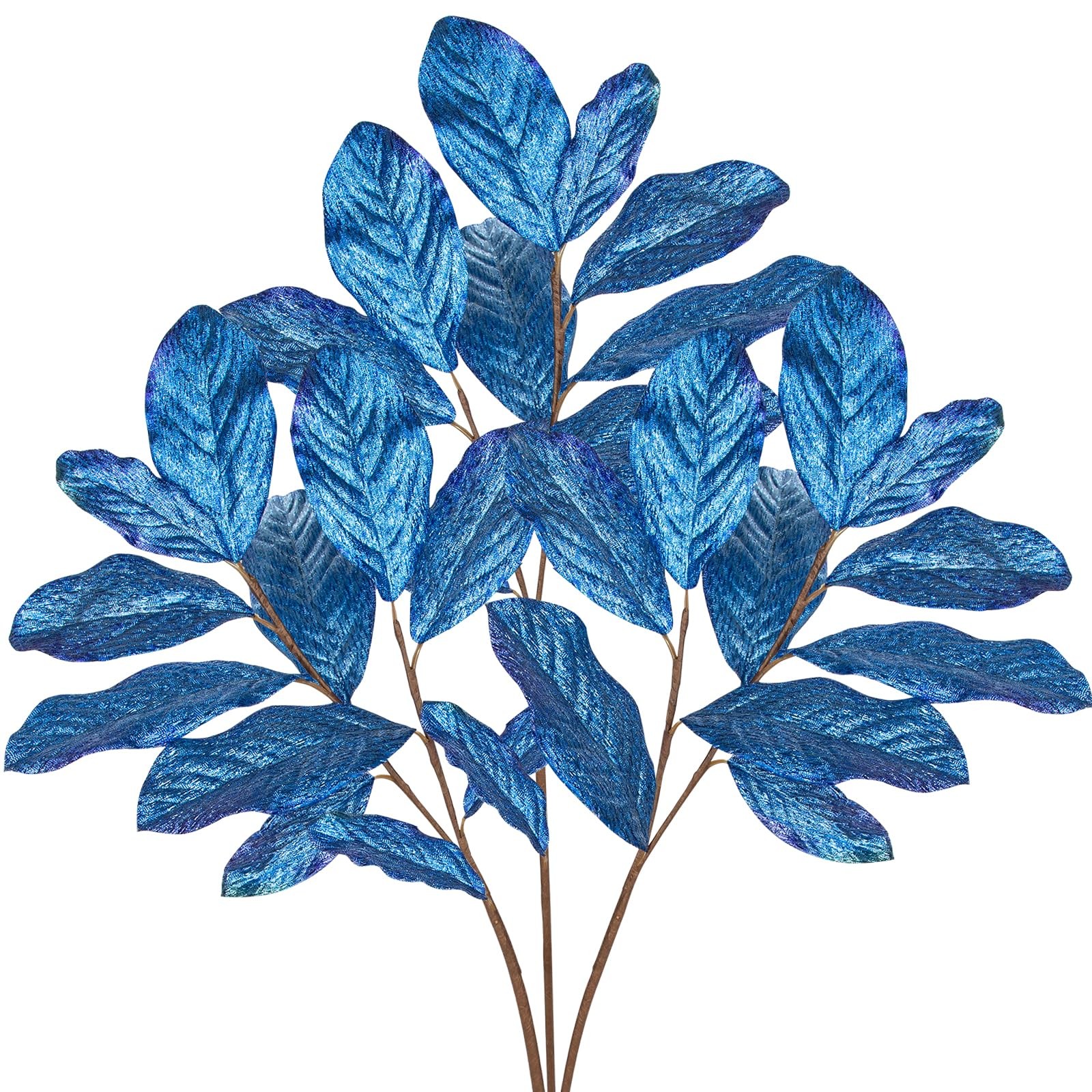 31″ Royal Blue Glitter Magnolia Leaves Stems Picks and Sprays, Artificial Gli…
