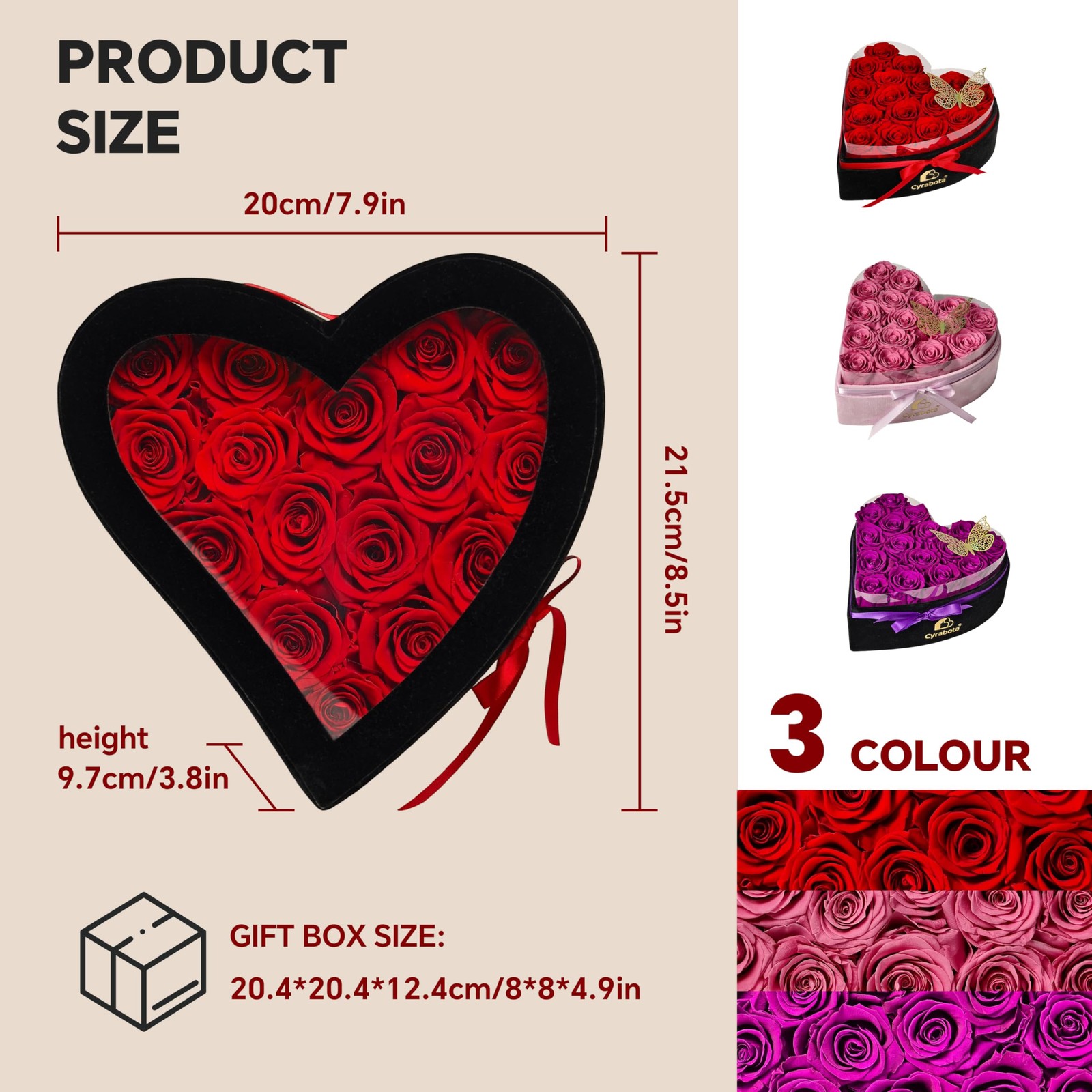 16 PCS Preserved Real Roses Heart Shape Box Forever Flowers Red